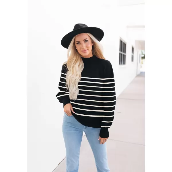 ZESICA Womens 2024 Fall Fashion Turtleneck Long Sleeve Striped Ribbed Knit Loose Pullover Sweater TopsBlack