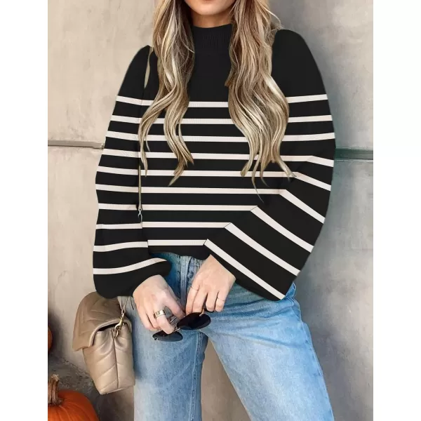 ZESICA Womens 2024 Fall Fashion Turtleneck Long Sleeve Striped Ribbed Knit Loose Pullover Sweater TopsBlack