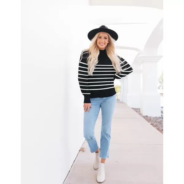 ZESICA Womens 2024 Fall Fashion Turtleneck Long Sleeve Striped Ribbed Knit Loose Pullover Sweater TopsBlack