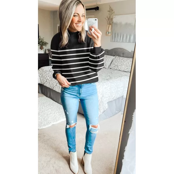 ZESICA Womens 2024 Fall Fashion Turtleneck Long Sleeve Striped Ribbed Knit Loose Pullover Sweater TopsBlack