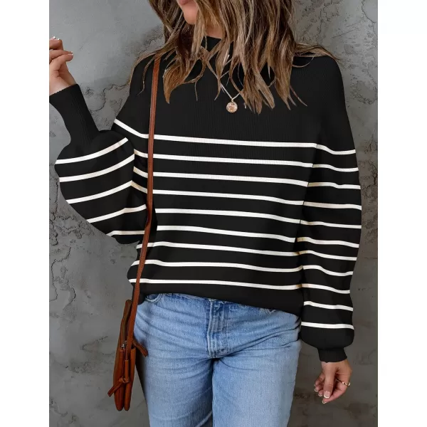 ZESICA Womens 2024 Fall Fashion Turtleneck Long Sleeve Striped Ribbed Knit Loose Pullover Sweater TopsBlack