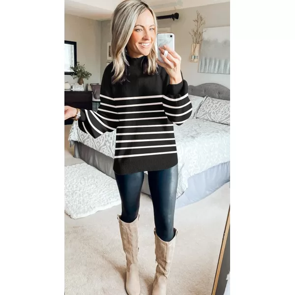 ZESICA Womens 2024 Fall Fashion Turtleneck Long Sleeve Striped Ribbed Knit Loose Pullover Sweater TopsBlack