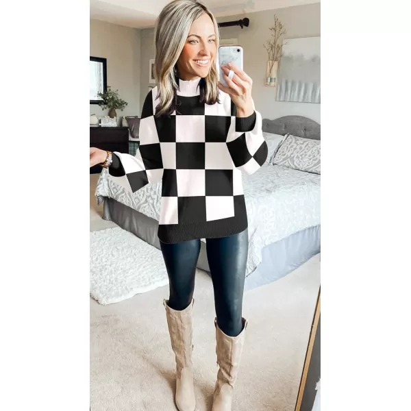 ZESICA Womens 2024 Fall Fashion Turtleneck Long Sleeve Striped Ribbed Knit Loose Pullover Sweater TopsBlackplaid