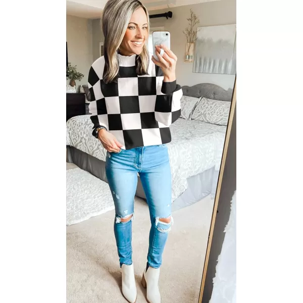 ZESICA Womens 2024 Fall Fashion Turtleneck Long Sleeve Striped Ribbed Knit Loose Pullover Sweater TopsBlackplaid