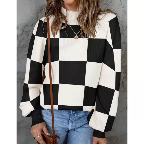 ZESICA Womens 2024 Fall Fashion Turtleneck Long Sleeve Striped Ribbed Knit Loose Pullover Sweater TopsBlackplaid