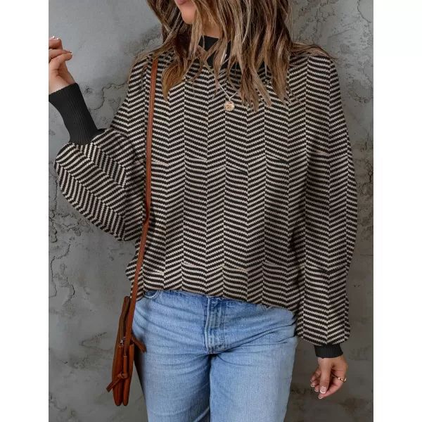 ZESICA Womens 2024 Fall Fashion Turtleneck Long Sleeve Striped Ribbed Knit Loose Pullover Sweater TopsBrownstripe