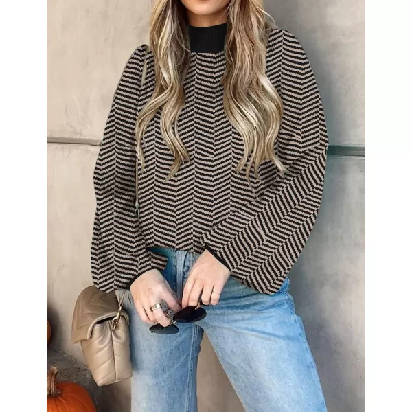 ZESICA Womens 2024 Fall Fashion Turtleneck Long Sleeve Striped Ribbed Knit Loose Pullover Sweater TopsBrownstripe