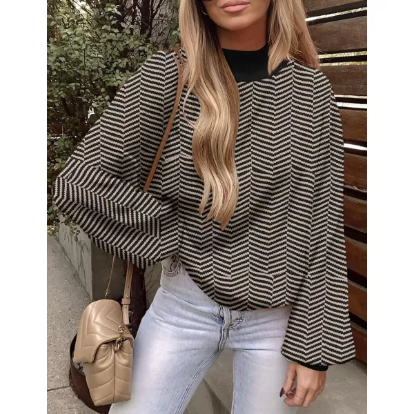ZESICA Womens 2024 Fall Fashion Turtleneck Long Sleeve Striped Ribbed Knit Loose Pullover Sweater TopsBrownstripe