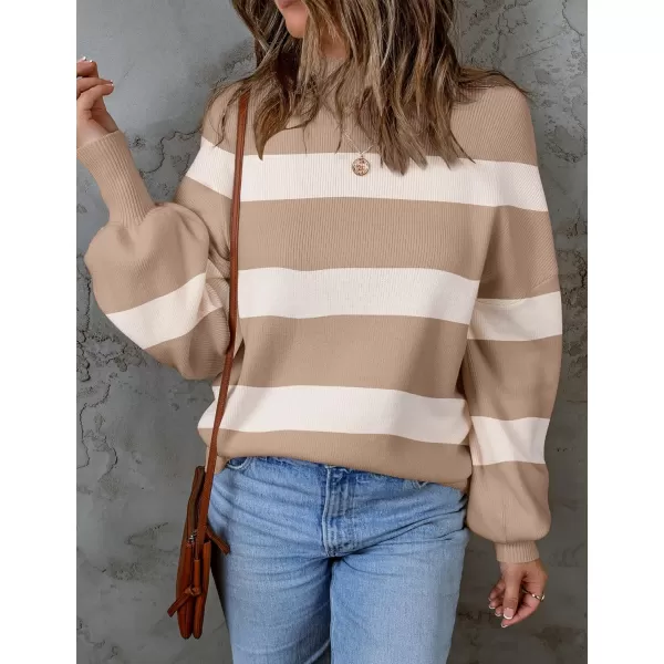 ZESICA Womens 2024 Fall Fashion Turtleneck Long Sleeve Striped Ribbed Knit Loose Pullover Sweater TopsCamel