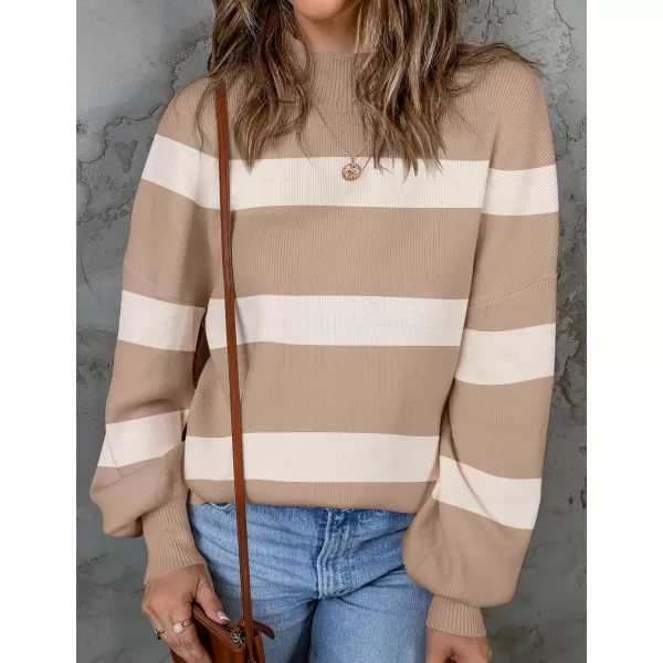 ZESICA Womens 2024 Fall Fashion Turtleneck Long Sleeve Striped Ribbed Knit Loose Pullover Sweater TopsCamel