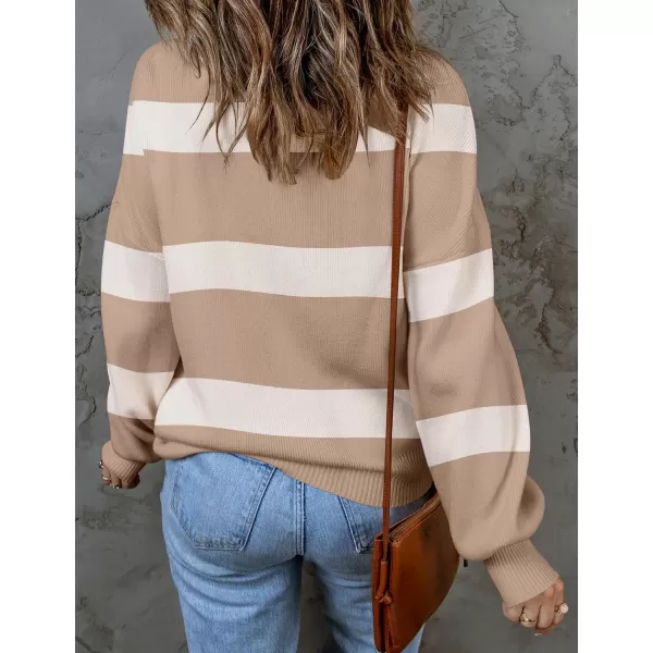 ZESICA Womens 2024 Fall Fashion Turtleneck Long Sleeve Striped Ribbed Knit Loose Pullover Sweater TopsCamel