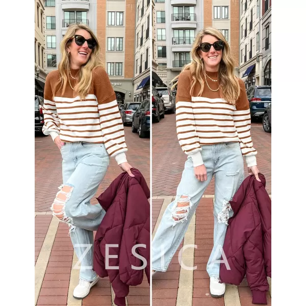 ZESICA Womens 2024 Fall Fashion Turtleneck Long Sleeve Striped Ribbed Knit Loose Pullover Sweater TopsCaramel