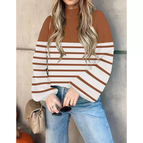 ZESICA Womens 2024 Fall Fashion Turtleneck Long Sleeve Striped Ribbed Knit Loose Pullover Sweater TopsCaramel