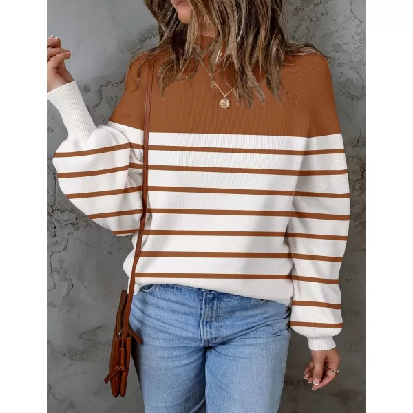 ZESICA Womens 2024 Fall Fashion Turtleneck Long Sleeve Striped Ribbed Knit Loose Pullover Sweater TopsCaramel