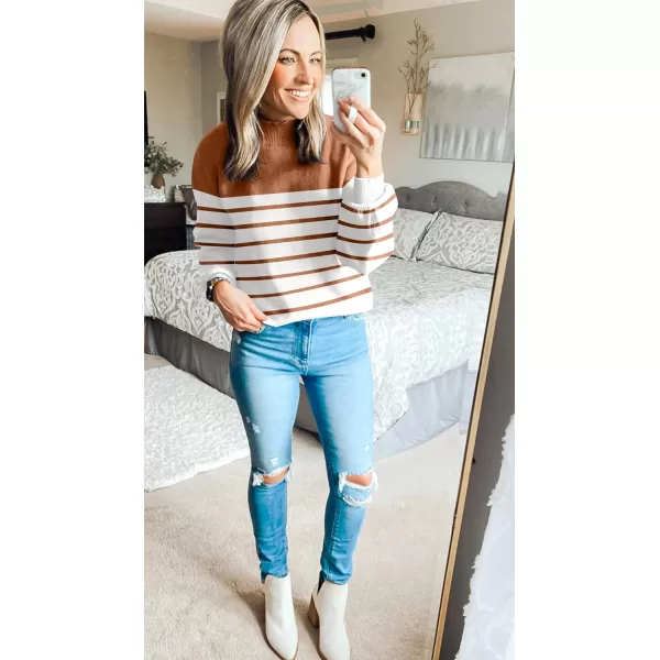 ZESICA Womens 2024 Fall Fashion Turtleneck Long Sleeve Striped Ribbed Knit Loose Pullover Sweater TopsCaramel