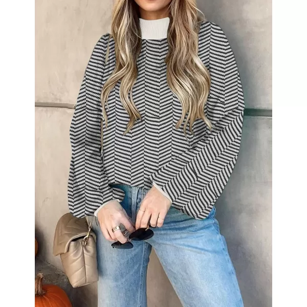ZESICA Womens 2024 Fall Fashion Turtleneck Long Sleeve Striped Ribbed Knit Loose Pullover Sweater TopsCarbon