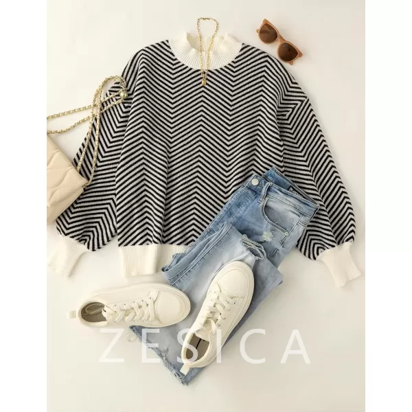 ZESICA Womens 2024 Fall Fashion Turtleneck Long Sleeve Striped Ribbed Knit Loose Pullover Sweater TopsCarbon