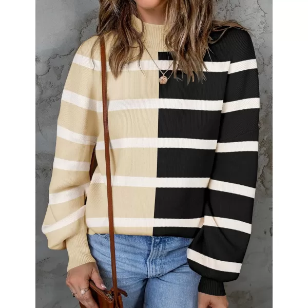ZESICA Womens 2024 Fall Fashion Turtleneck Long Sleeve Striped Ribbed Knit Loose Pullover Sweater TopsCream