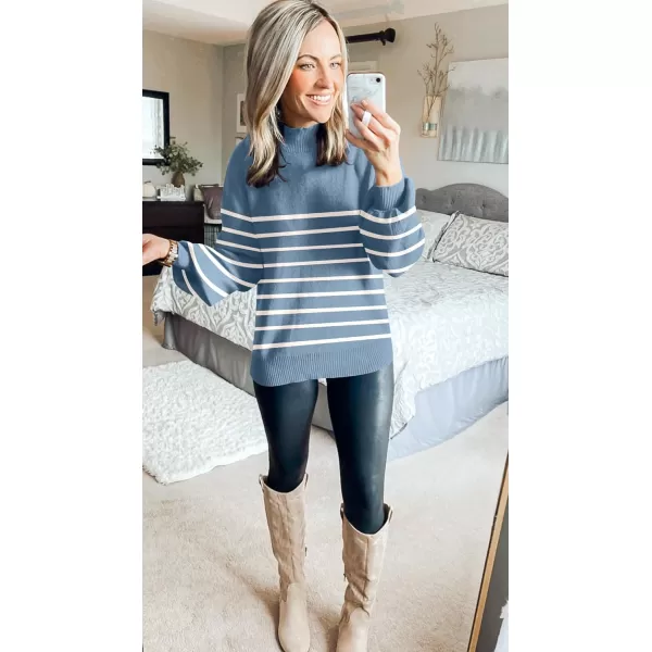 ZESICA Womens 2024 Fall Fashion Turtleneck Long Sleeve Striped Ribbed Knit Loose Pullover Sweater TopsDarkblue