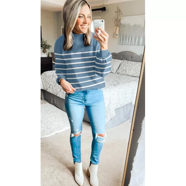 ZESICA Womens 2024 Fall Fashion Turtleneck Long Sleeve Striped Ribbed Knit Loose Pullover Sweater TopsDarkblue