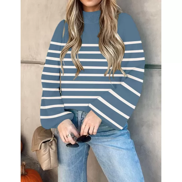 ZESICA Womens 2024 Fall Fashion Turtleneck Long Sleeve Striped Ribbed Knit Loose Pullover Sweater TopsDarkblue