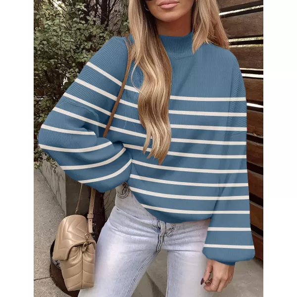 ZESICA Womens 2024 Fall Fashion Turtleneck Long Sleeve Striped Ribbed Knit Loose Pullover Sweater TopsDarkblue
