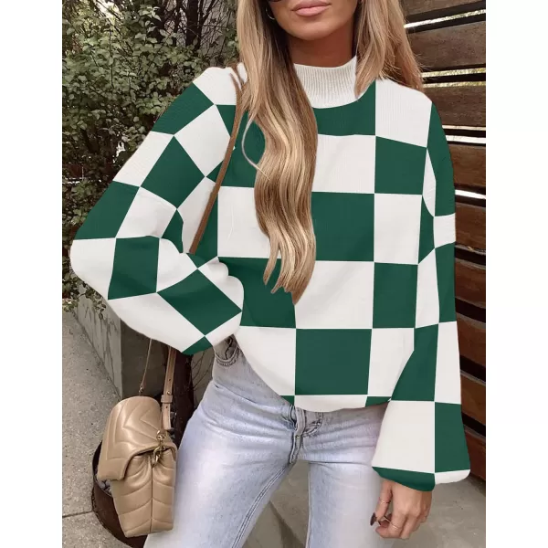ZESICA Womens 2024 Fall Fashion Turtleneck Long Sleeve Striped Ribbed Knit Loose Pullover Sweater TopsDarkgreenplaid
