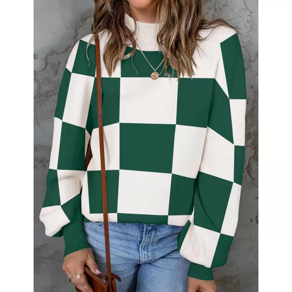 ZESICA Womens 2024 Fall Fashion Turtleneck Long Sleeve Striped Ribbed Knit Loose Pullover Sweater TopsDarkgreenplaid