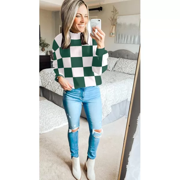 ZESICA Womens 2024 Fall Fashion Turtleneck Long Sleeve Striped Ribbed Knit Loose Pullover Sweater TopsDarkgreenplaid