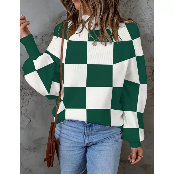 ZESICA Womens 2024 Fall Fashion Turtleneck Long Sleeve Striped Ribbed Knit Loose Pullover Sweater TopsDarkgreenplaid