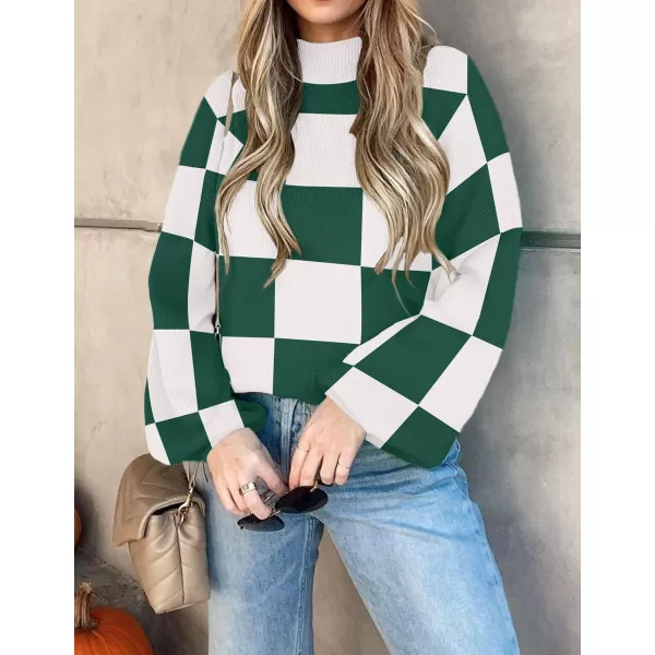 ZESICA Womens 2024 Fall Fashion Turtleneck Long Sleeve Striped Ribbed Knit Loose Pullover Sweater TopsDarkgreenplaid