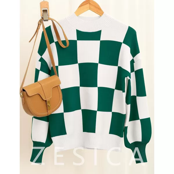 ZESICA Womens 2024 Fall Fashion Turtleneck Long Sleeve Striped Ribbed Knit Loose Pullover Sweater TopsDarkgreenplaid