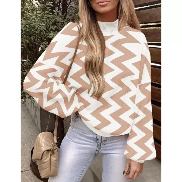 ZESICA Womens 2024 Fall Fashion Turtleneck Long Sleeve Striped Ribbed Knit Loose Pullover Sweater TopsKhaki