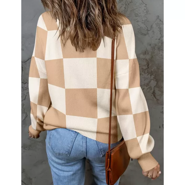 ZESICA Womens 2024 Fall Fashion Turtleneck Long Sleeve Striped Ribbed Knit Loose Pullover Sweater TopsKhakiplaid