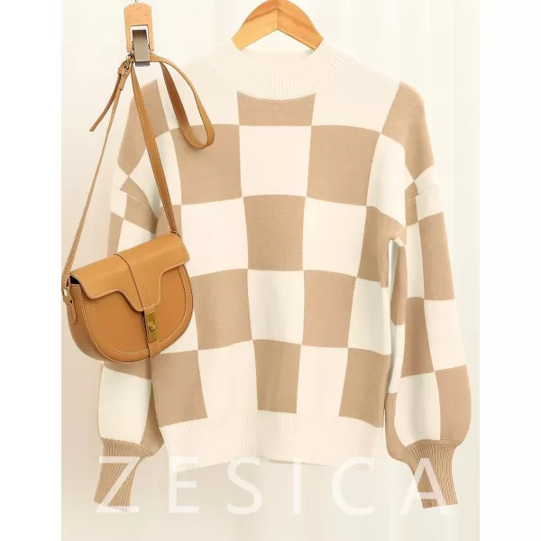 ZESICA Womens 2024 Fall Fashion Turtleneck Long Sleeve Striped Ribbed Knit Loose Pullover Sweater TopsKhakiplaid