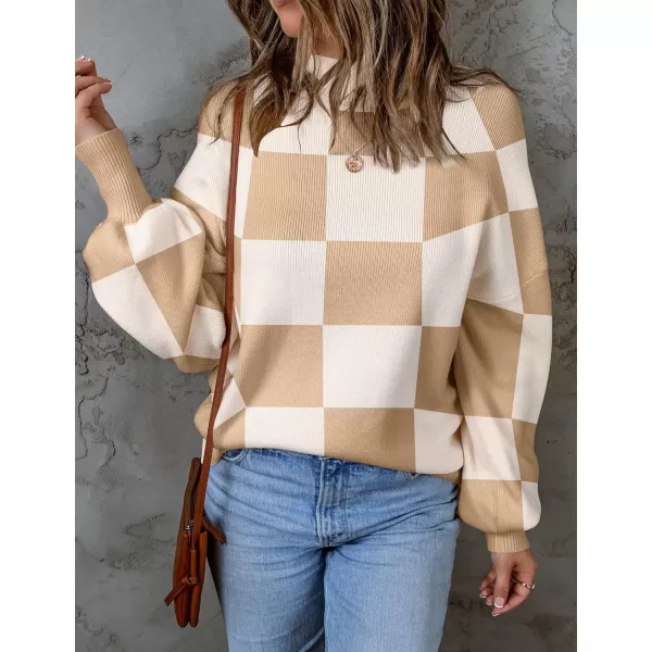 ZESICA Womens 2024 Fall Fashion Turtleneck Long Sleeve Striped Ribbed Knit Loose Pullover Sweater TopsKhakiplaid