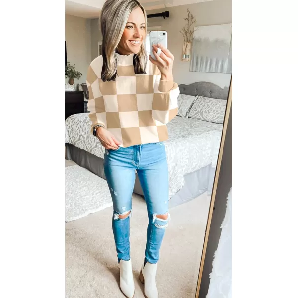 ZESICA Womens 2024 Fall Fashion Turtleneck Long Sleeve Striped Ribbed Knit Loose Pullover Sweater TopsKhakiplaid