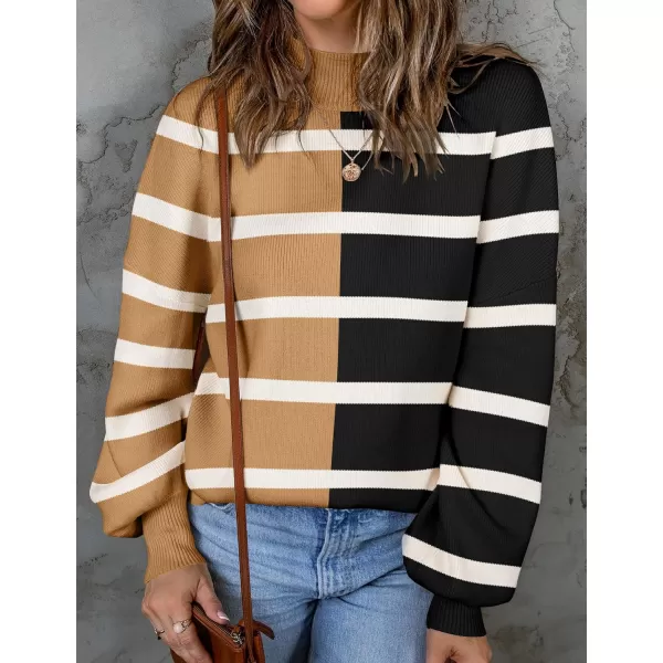 ZESICA Womens 2024 Fall Fashion Turtleneck Long Sleeve Striped Ribbed Knit Loose Pullover Sweater TopsLightkhaki