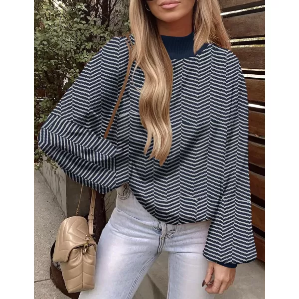 ZESICA Womens 2024 Fall Fashion Turtleneck Long Sleeve Striped Ribbed Knit Loose Pullover Sweater TopsNavystripe