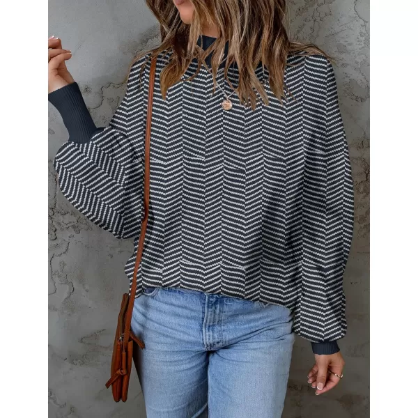 ZESICA Womens 2024 Fall Fashion Turtleneck Long Sleeve Striped Ribbed Knit Loose Pullover Sweater TopsNavystripe
