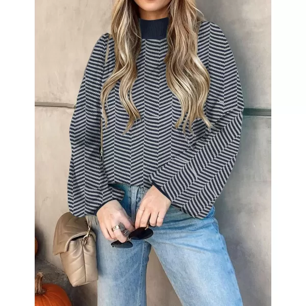 ZESICA Womens 2024 Fall Fashion Turtleneck Long Sleeve Striped Ribbed Knit Loose Pullover Sweater TopsNavystripe