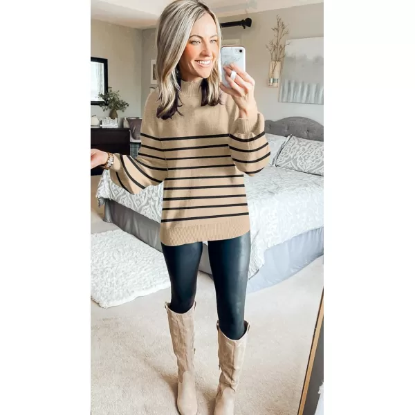 ZESICA Womens 2024 Fall Fashion Turtleneck Long Sleeve Striped Ribbed Knit Loose Pullover Sweater TopsOatmeal
