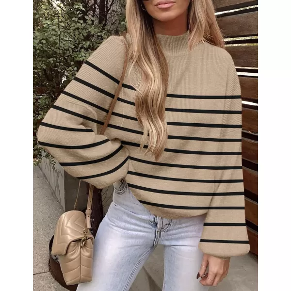 ZESICA Womens 2024 Fall Fashion Turtleneck Long Sleeve Striped Ribbed Knit Loose Pullover Sweater TopsOatmeal