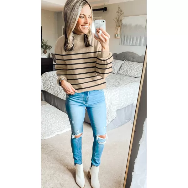 ZESICA Womens 2024 Fall Fashion Turtleneck Long Sleeve Striped Ribbed Knit Loose Pullover Sweater TopsOatmeal