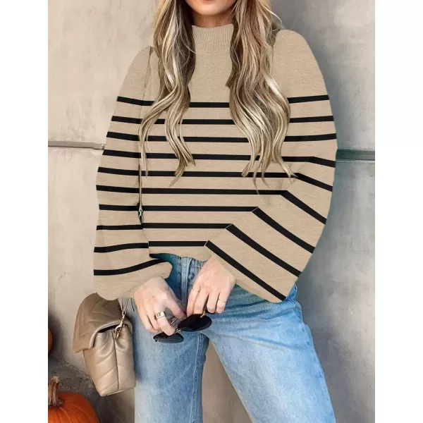 ZESICA Womens 2024 Fall Fashion Turtleneck Long Sleeve Striped Ribbed Knit Loose Pullover Sweater TopsOatmeal