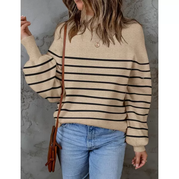 ZESICA Womens 2024 Fall Fashion Turtleneck Long Sleeve Striped Ribbed Knit Loose Pullover Sweater TopsOatmeal