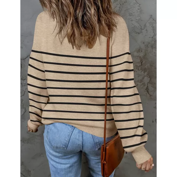 ZESICA Womens 2024 Fall Fashion Turtleneck Long Sleeve Striped Ribbed Knit Loose Pullover Sweater TopsOatmeal