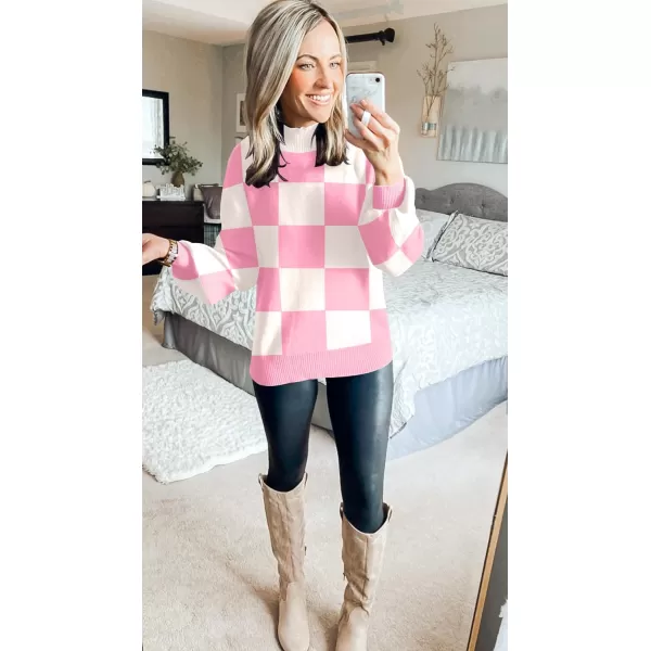 ZESICA Womens 2024 Fall Fashion Turtleneck Long Sleeve Striped Ribbed Knit Loose Pullover Sweater TopsPinkplaid