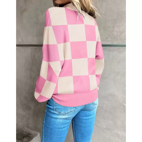 ZESICA Womens 2024 Fall Fashion Turtleneck Long Sleeve Striped Ribbed Knit Loose Pullover Sweater TopsPinkplaid