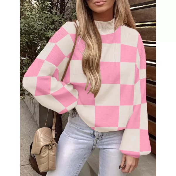 ZESICA Womens 2024 Fall Fashion Turtleneck Long Sleeve Striped Ribbed Knit Loose Pullover Sweater TopsPinkplaid